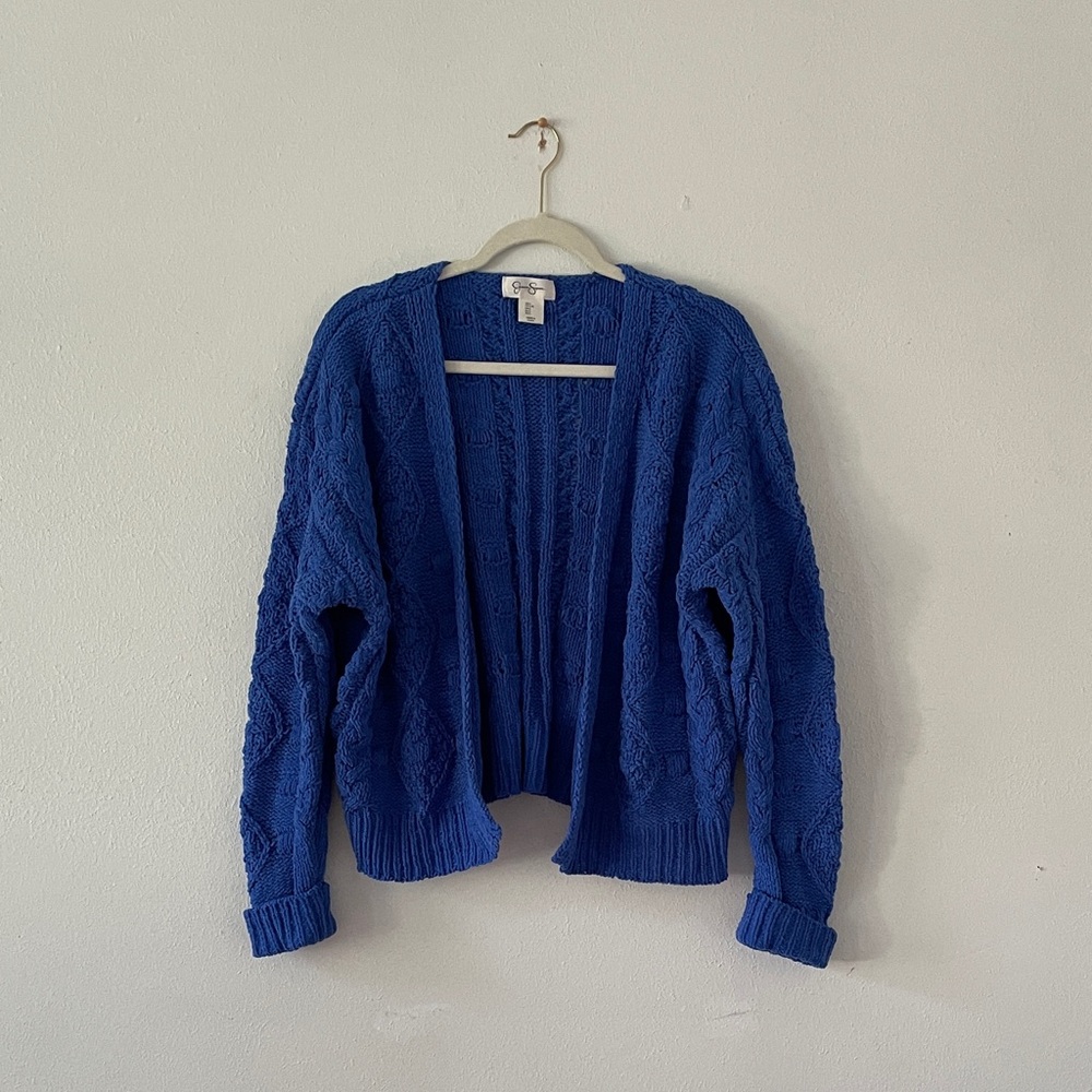 Jessica Simpson Cable Knit Cardigan Open Front Chunky Crop Sweater Casual Blue